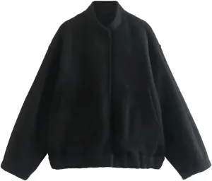HOULENGS Women's Wool Blend Long Sleeve Shacket Coat Button Stand Collar Varsity Jacket with Pockets