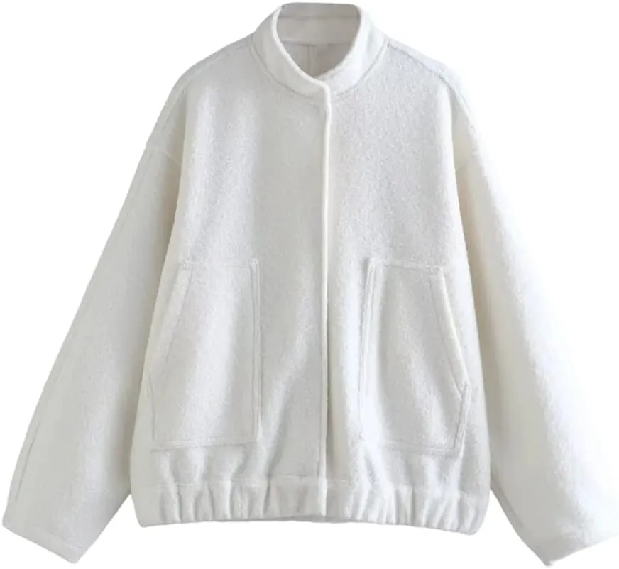 HOULENGS Women's Wool Blend Long Sleeve Shacket Coat Button Stand Collar Varsity Jacket with Pockets