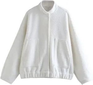 HOULENGS Women's Wool Blend Long Sleeve Shacket Coat Button Stand Collar Varsity Jacket with Pockets