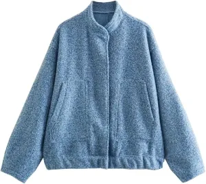 HOULENGS Women's Wool Blend Long Sleeve Shacket Coat Button Stand Collar Varsity Jacket with Pockets