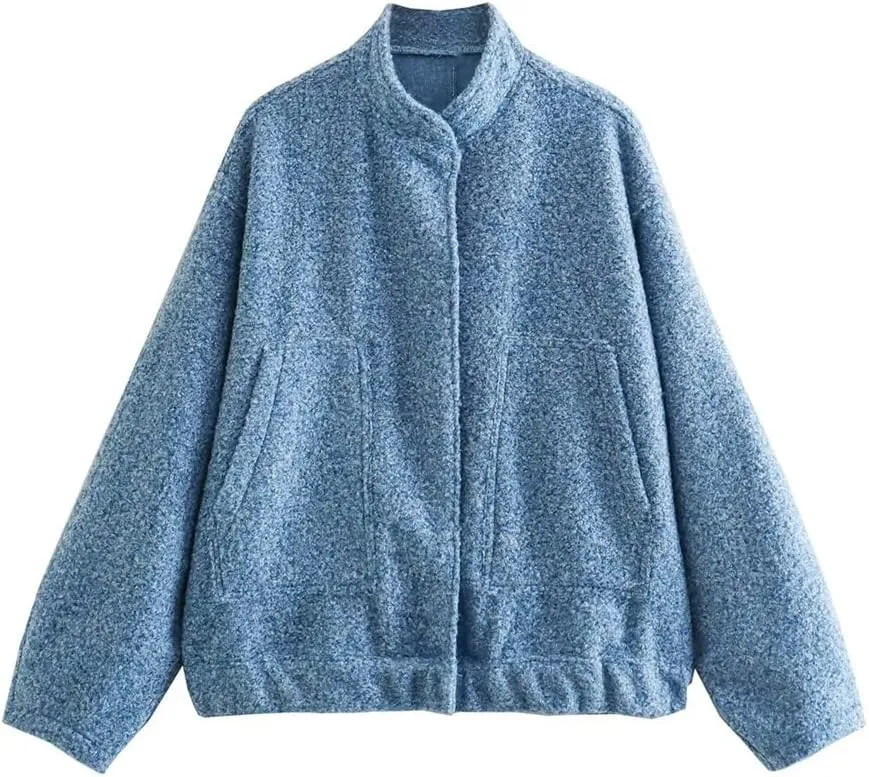 HOULENGS Women's Wool Blend Long Sleeve Shacket Coat Button Stand Collar Varsity Jacket with Pockets