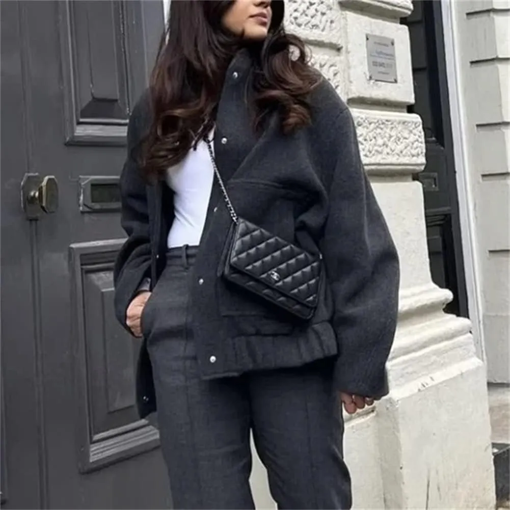 HOULENGS Women's Wool Blend Long Sleeve Shacket Coat Button Stand Collar Varsity Jacket with Pockets