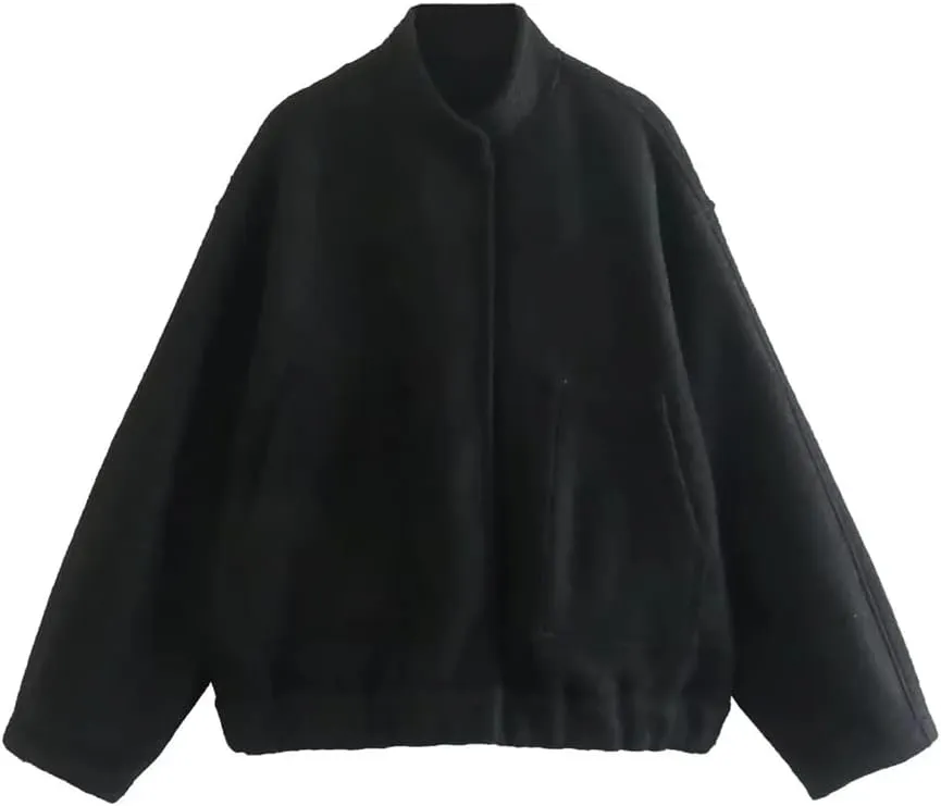 HOULENGS Women's Wool Blend Long Sleeve Shacket Coat Button Stand Collar Varsity Jacket with Pockets