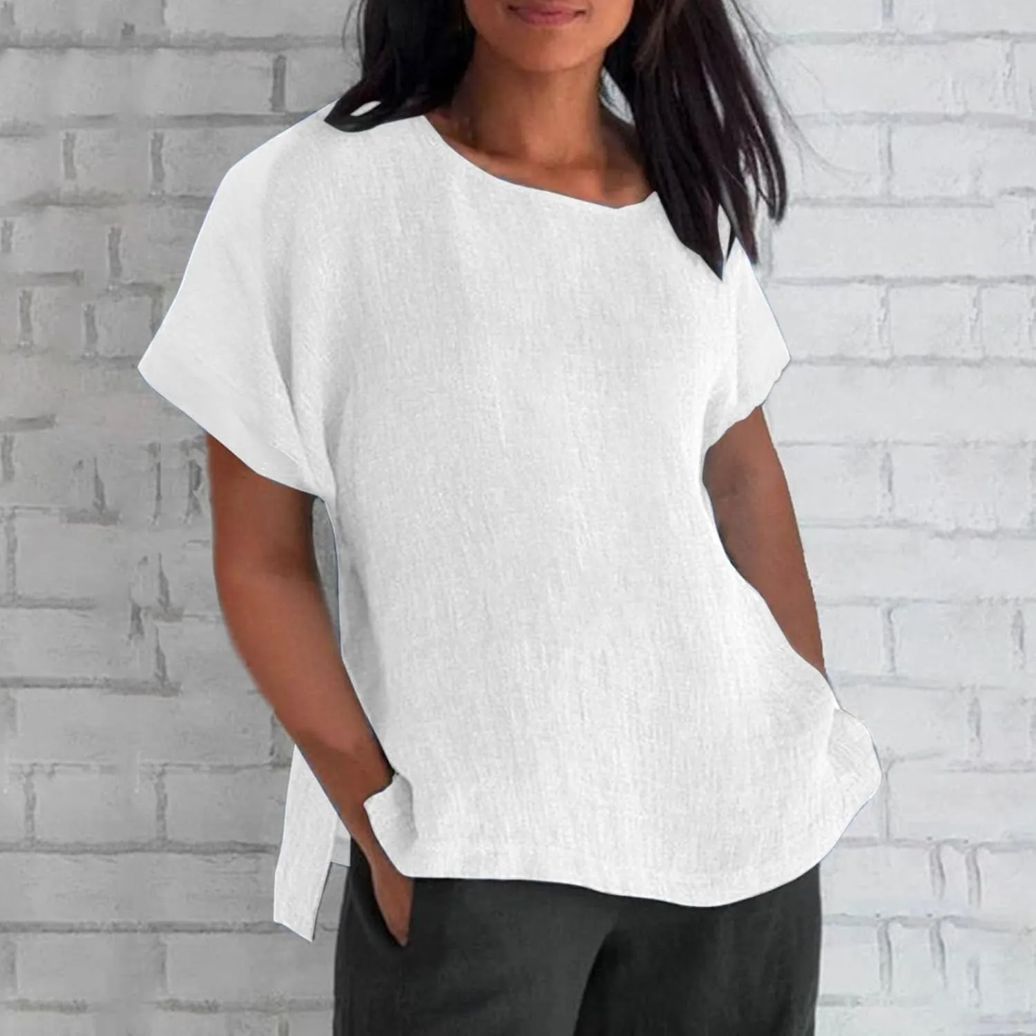 HXHYQKP Linen Tops for Women Summer Plus Size T Shirts V Neck Loose Blouses Trendy Tops for Women 2025