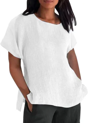 HXHYQKP Linen Tops for Women Summer Plus Size T Shirts V Neck Loose Blouses Trendy Tops for Women 2025