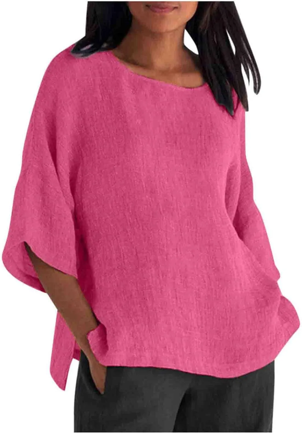HXHYQKP Linen Tops for Women Summer Plus Size T Shirts V Neck Loose Blouses Trendy Tops for Women 2025