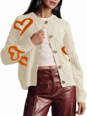 InterNos Women's Graphic Cable Knit Cardigans Sweater Vintage Open Front Crew Neck Long Sleeves Knitwear