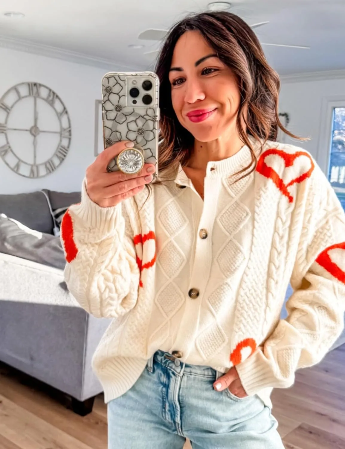 InterNos Women's Graphic Cable Knit Cardigans Sweater Vintage Open Front Crew Neck Long Sleeves Knitwear