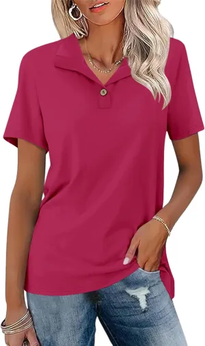 Ivicoer Womens V Neck Short Sleeve Polo Shirts Button Down Collared Tops Work Tunic Blouses Business Casual