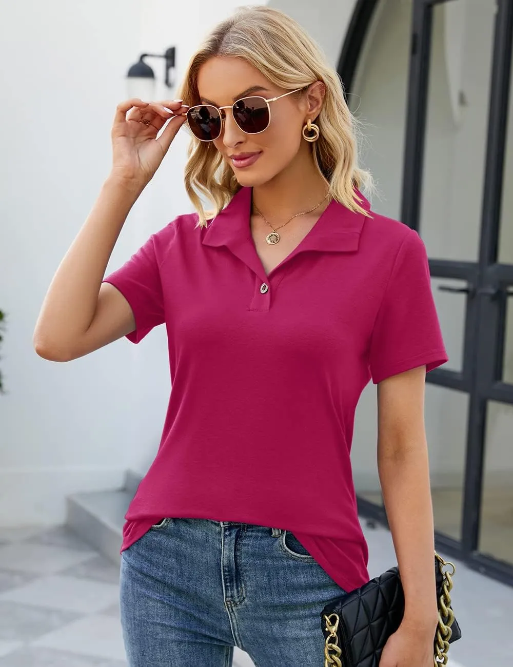 Ivicoer Womens V Neck Short Sleeve Polo Shirts Button Down Collared Tops Work Tunic Blouses Business Casual