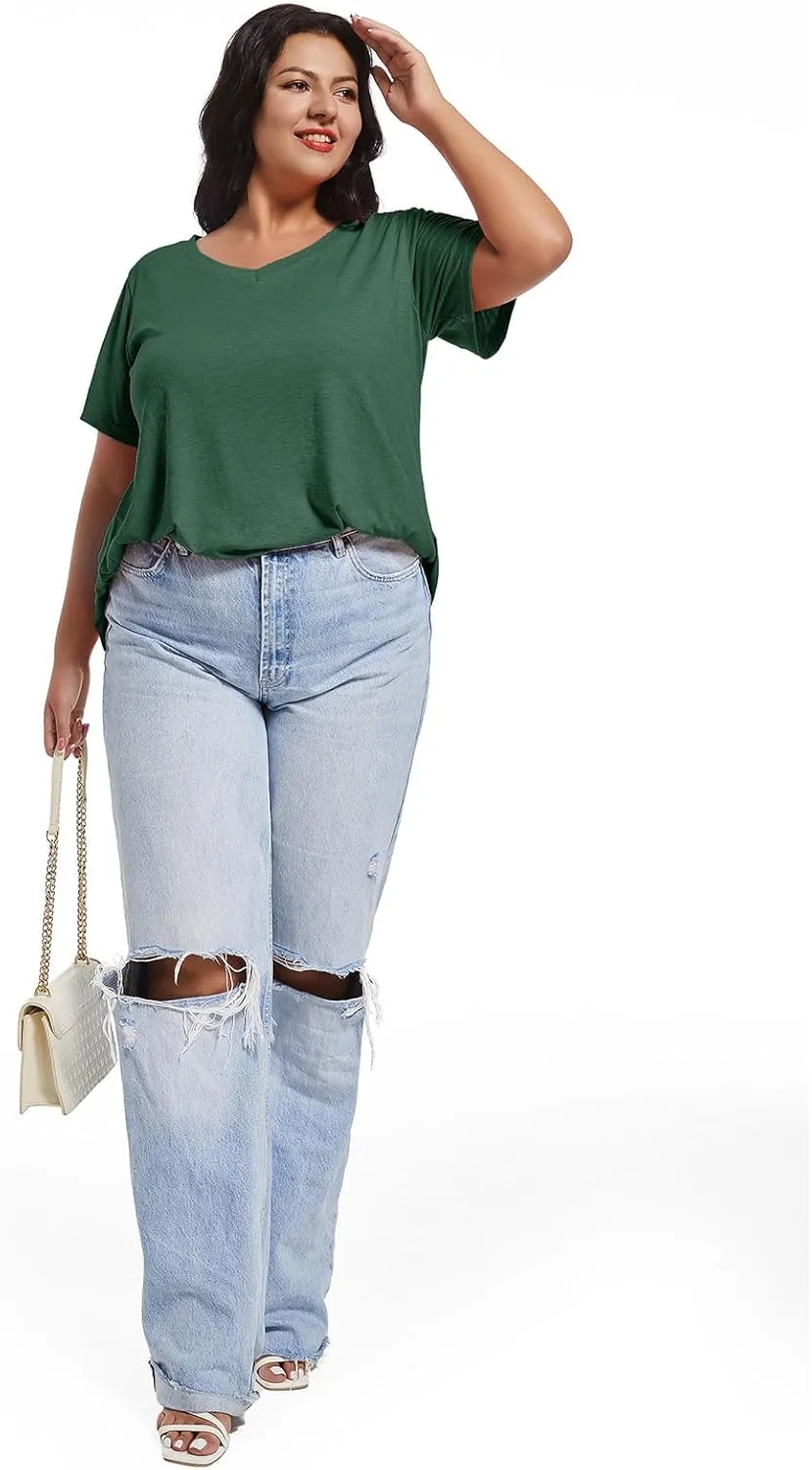 JOELLYUS Plus Size Tops for Women Summer Top Loose Fit Tee Shirts V Neck Short Sleeve Blouse