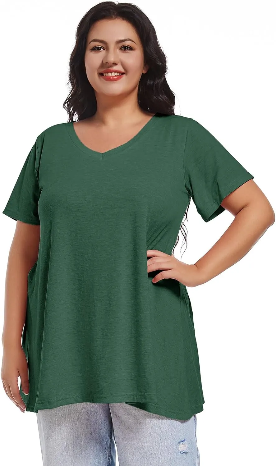 JOELLYUS Plus Size Tops for Women Summer Top Loose Fit Tee Shirts V Neck Short Sleeve Blouse