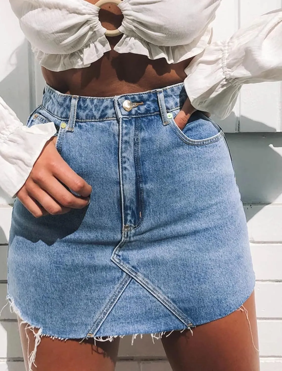 Just Quella Women's Stretch Washed Vintage Jean Skirt Fringed Slim Fit Denim Mini Skirt