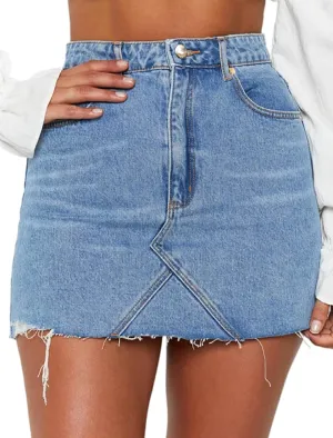 Just Quella Women's Stretch Washed Vintage Jean Skirt Fringed Slim Fit Denim Mini Skirt