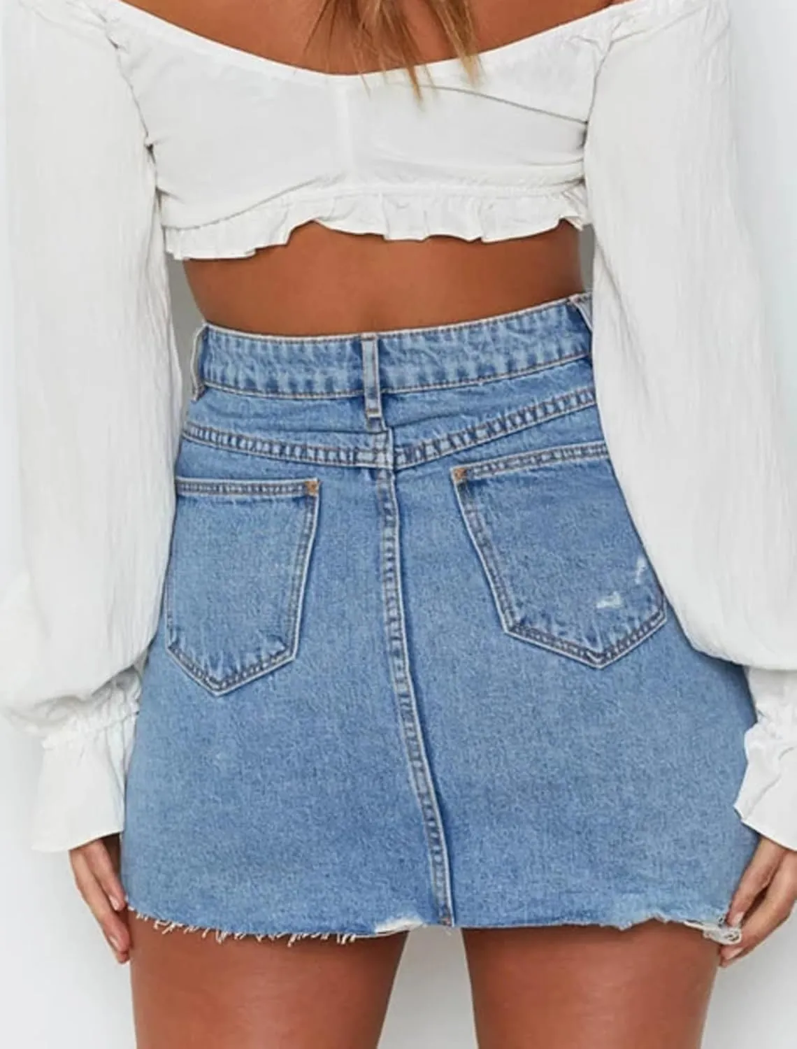 Just Quella Women's Stretch Washed Vintage Jean Skirt Fringed Slim Fit Denim Mini Skirt