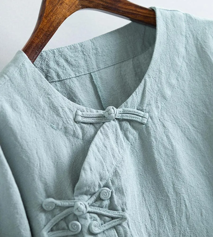 Kedera Women's Loose Cotton Linen Blouse Round Neck with Chinese Frog Button Tops