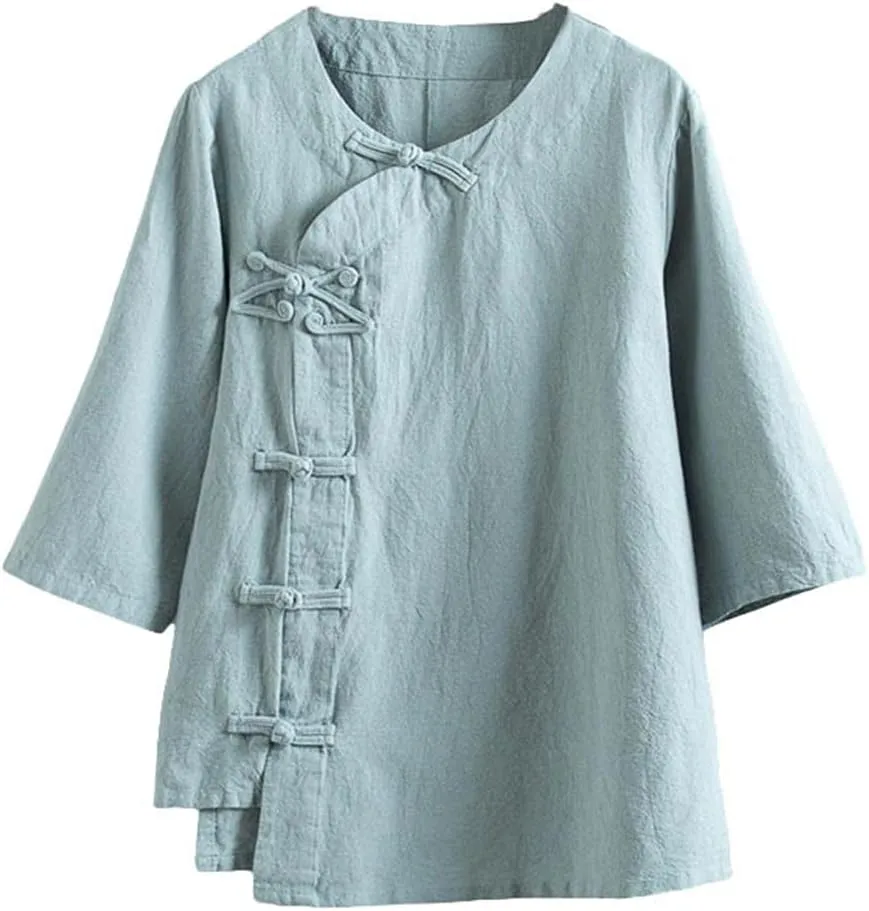 Kedera Women's Loose Cotton Linen Blouse Round Neck with Chinese Frog Button Tops