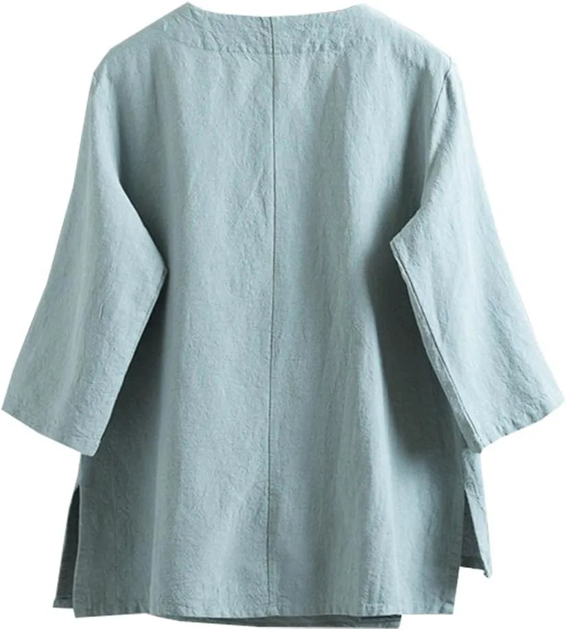 Kedera Women's Loose Cotton Linen Blouse Round Neck with Chinese Frog Button Tops