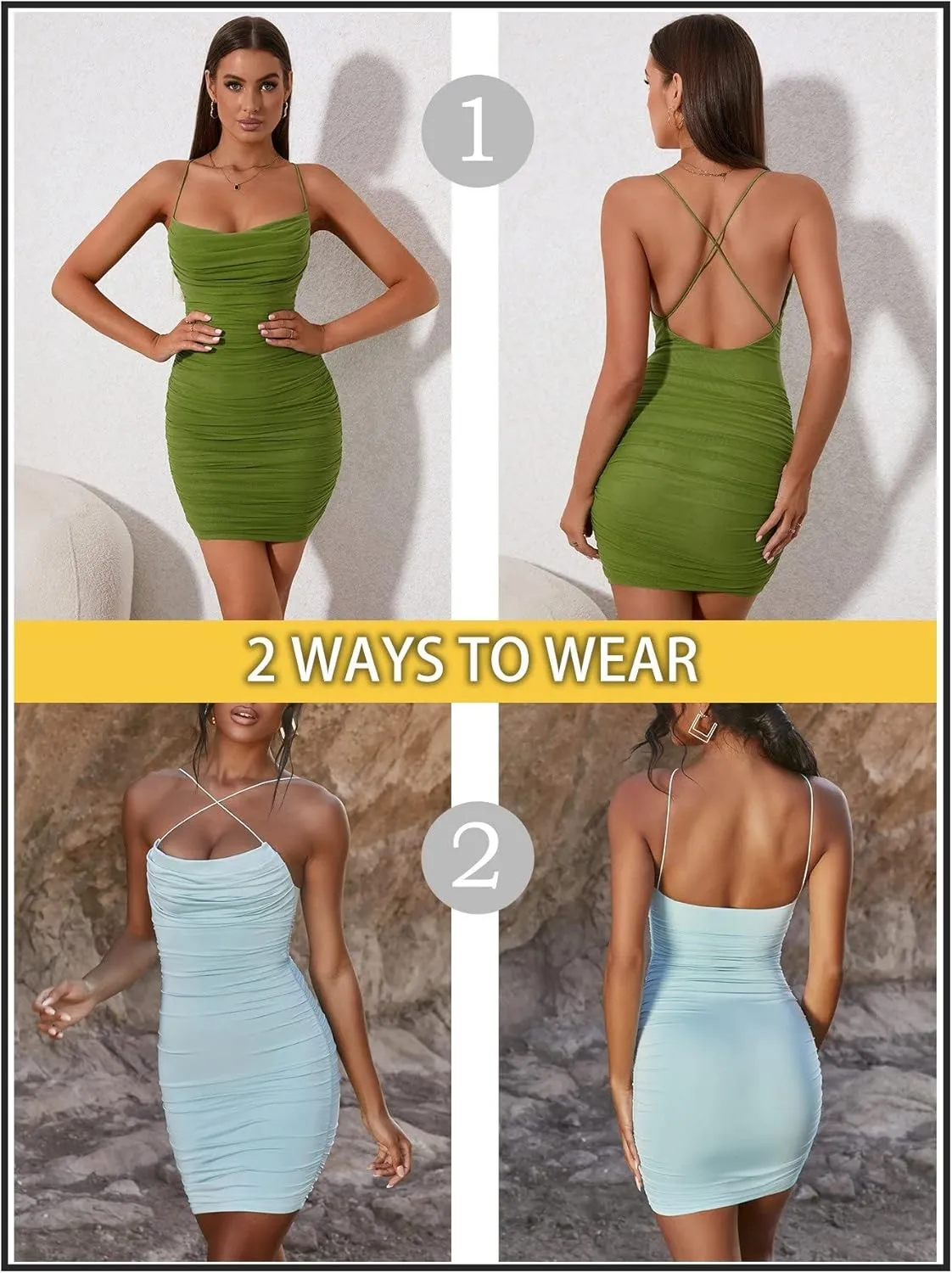 KUTUMAI Women's Ruched Bodycon Mini Dress Summer Spaghetti Strap Party Club Dresses