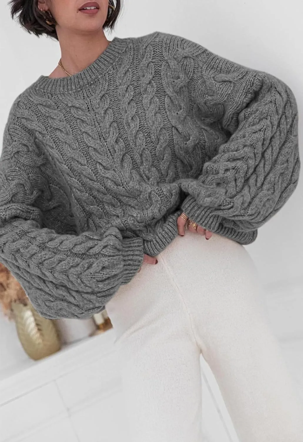 LAVASEON Womens Oversized Cable Knit Sweaters Crewneck Long Sleeve Casual Chunky Pullover Sweater Loose Outfits