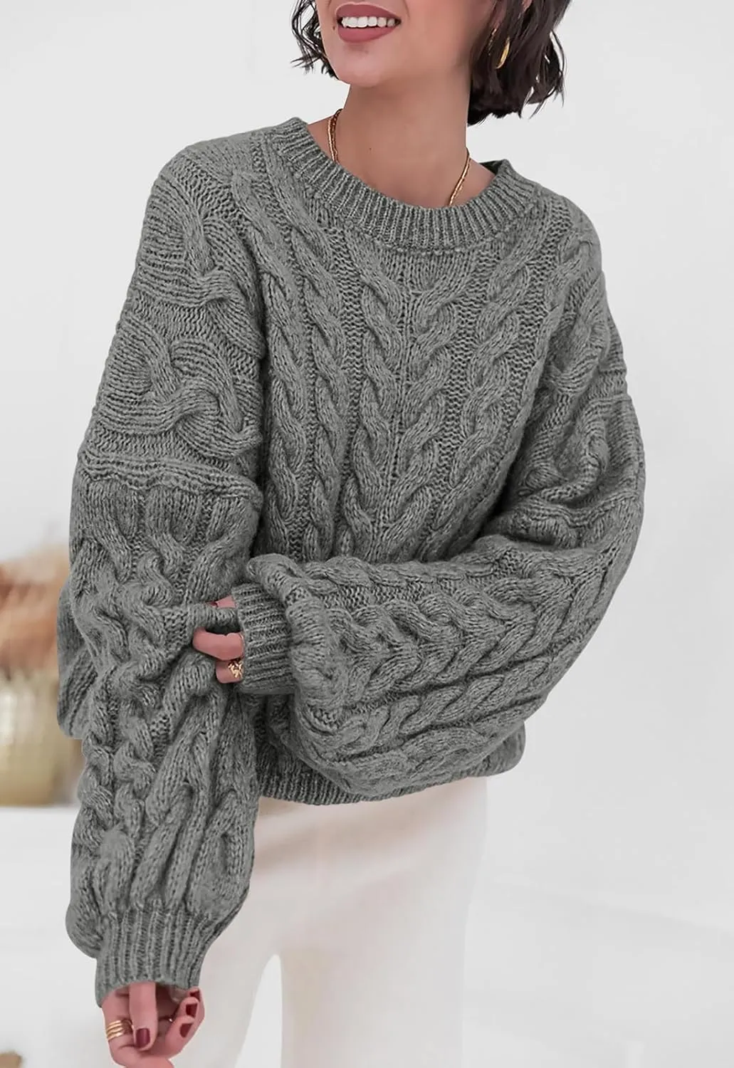 LAVASEON Womens Oversized Cable Knit Sweaters Crewneck Long Sleeve Casual Chunky Pullover Sweater Loose Outfits