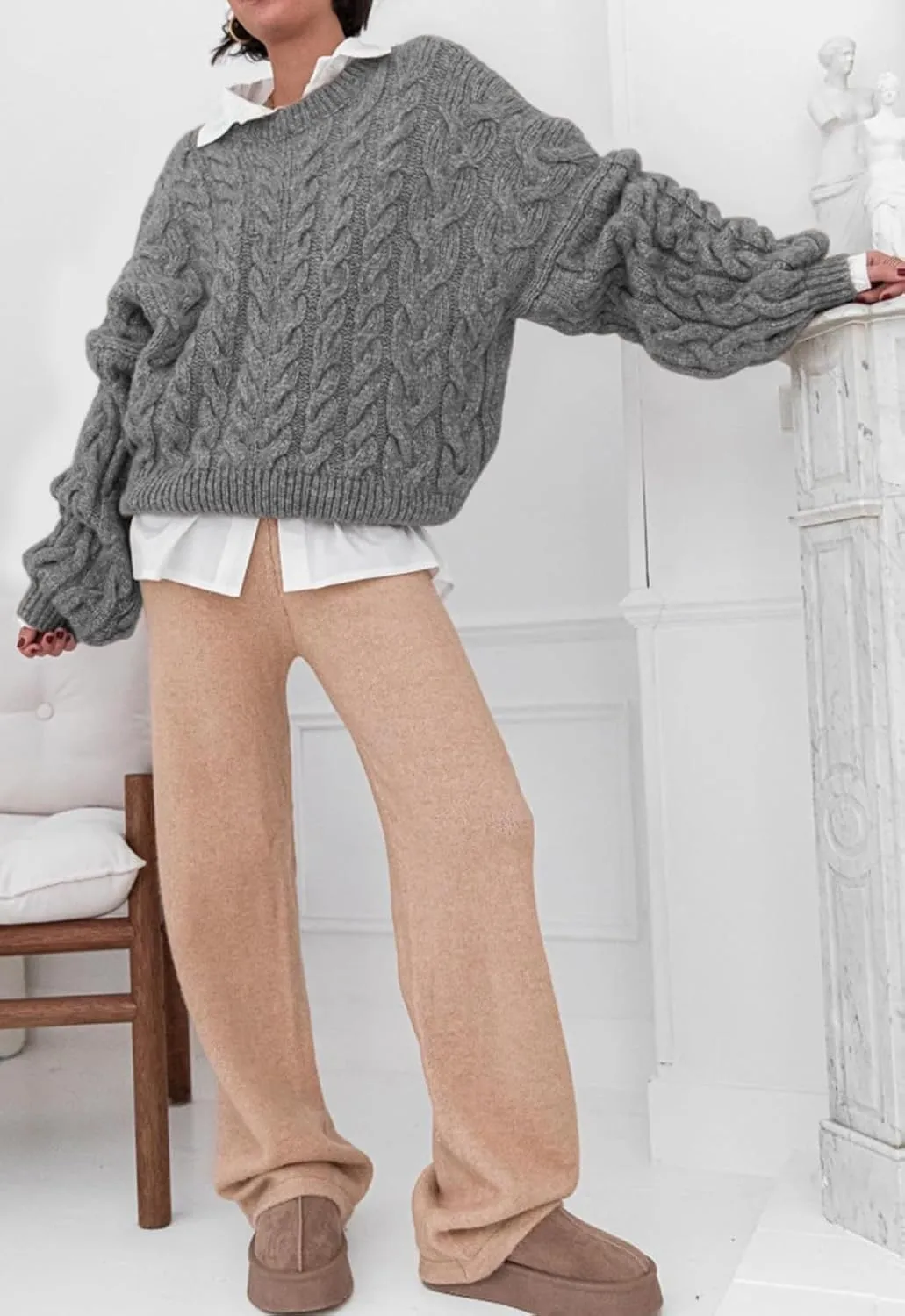LAVASEON Womens Oversized Cable Knit Sweaters Crewneck Long Sleeve Casual Chunky Pullover Sweater Loose Outfits