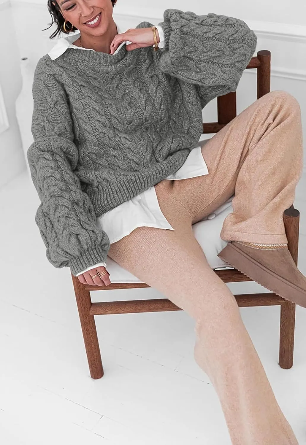 LAVASEON Womens Oversized Cable Knit Sweaters Crewneck Long Sleeve Casual Chunky Pullover Sweater Loose Outfits
