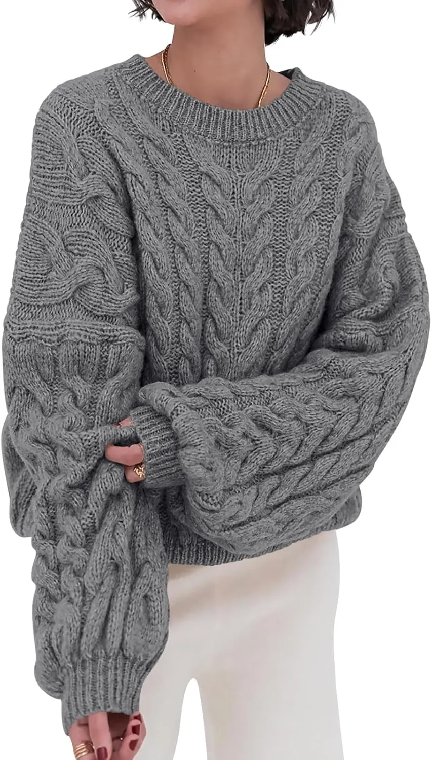 LAVASEON Womens Oversized Cable Knit Sweaters Crewneck Long Sleeve Casual Chunky Pullover Sweater Loose Outfits