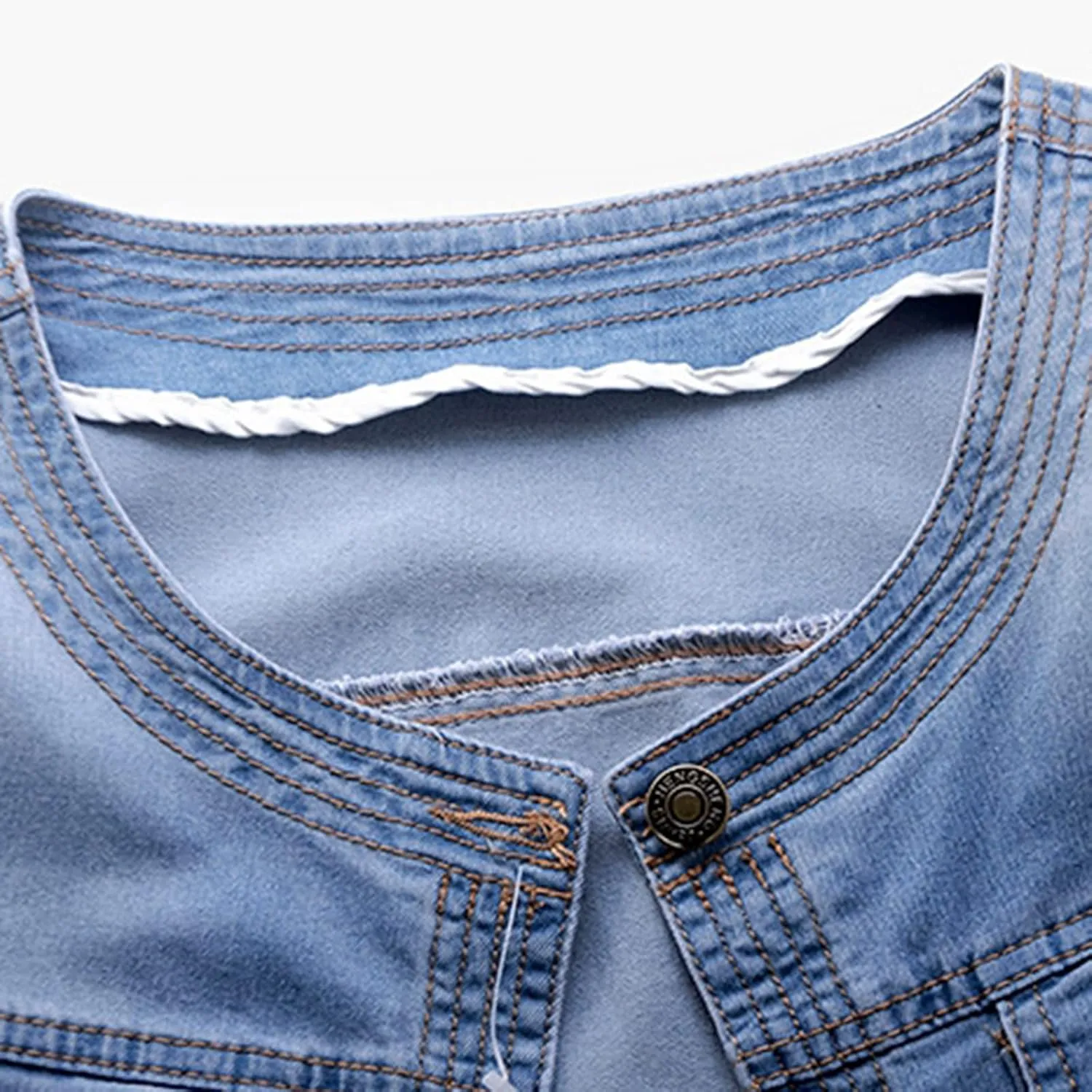 LifeShe Women Cropped Denim Jacket Button Down Collarless 3/4 Sleeve Jean Jacket With Pockets