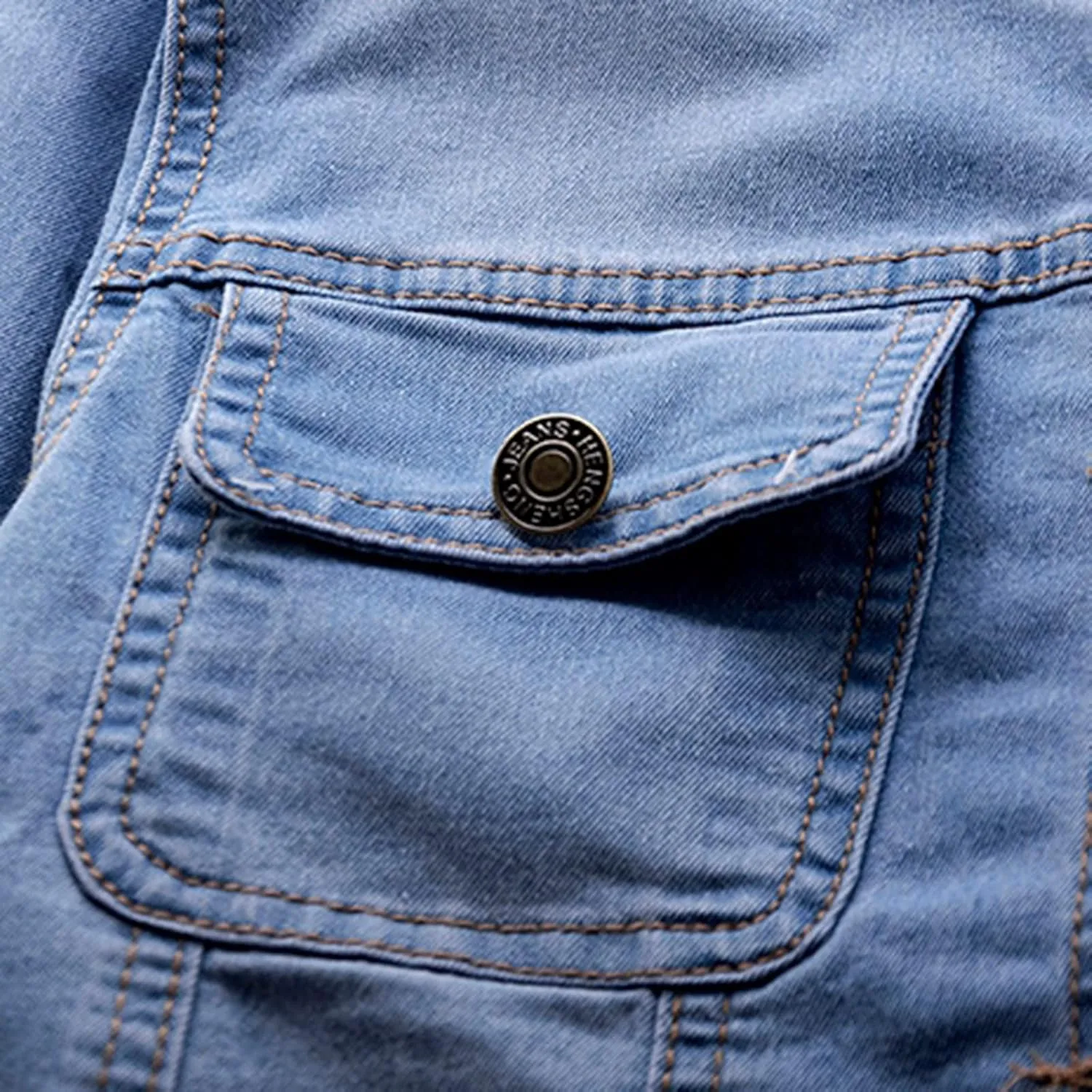 LifeShe Women Cropped Denim Jacket Button Down Collarless 3/4 Sleeve Jean Jacket With Pockets