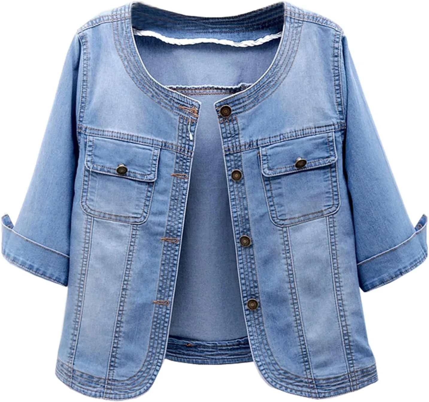 LifeShe Women Cropped Denim Jacket Button Down Collarless 3/4 Sleeve Jean Jacket With Pockets