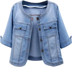 LifeShe Women Cropped Denim Jacket Button Down Collarless 3/4 Sleeve Jean Jacket With Pockets