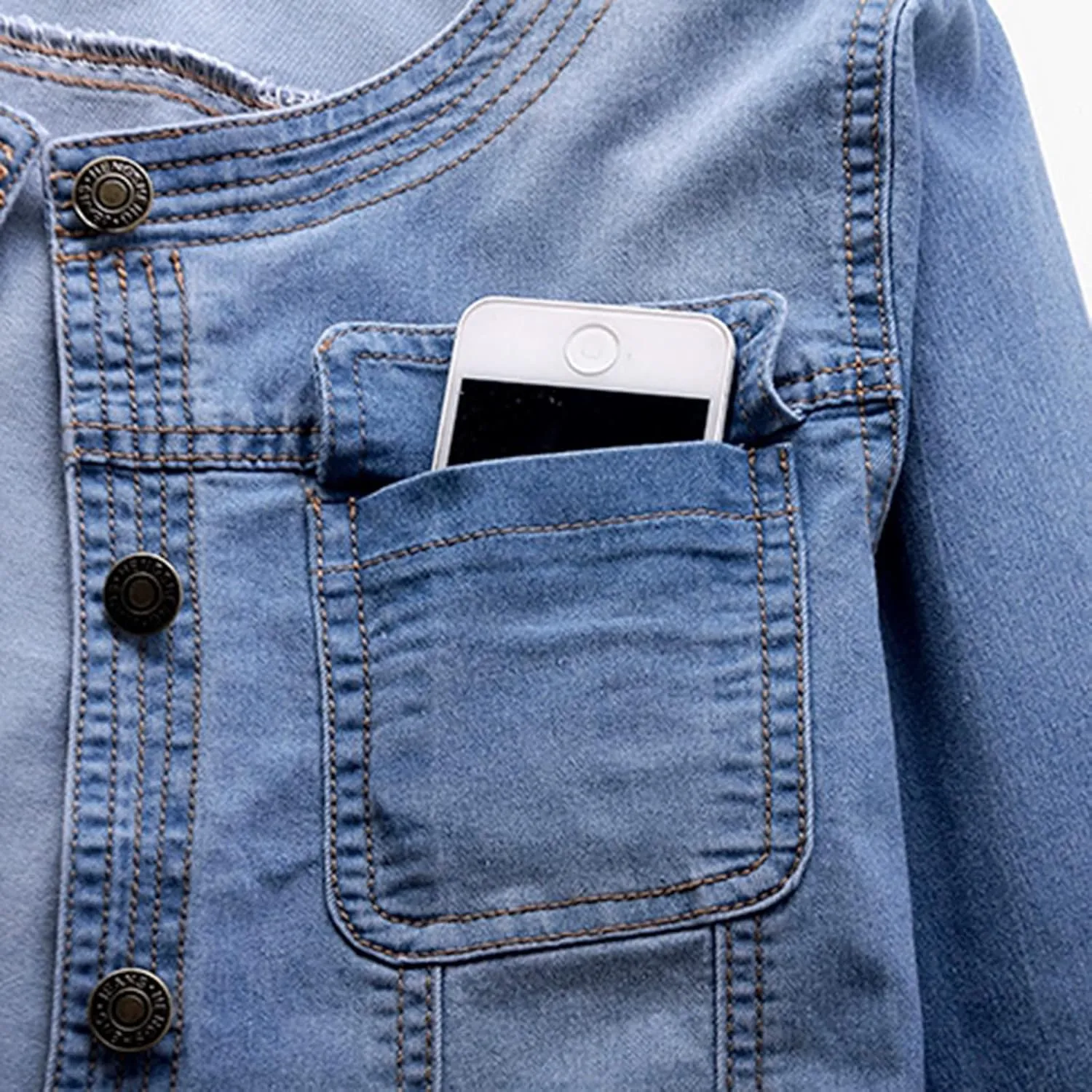 LifeShe Women Cropped Denim Jacket Button Down Collarless 3/4 Sleeve Jean Jacket With Pockets