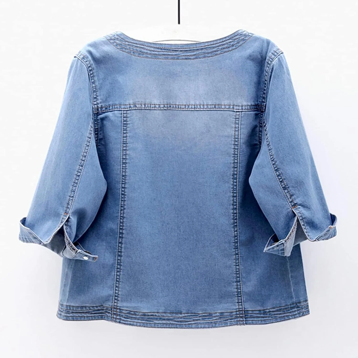 LifeShe Women Cropped Denim Jacket Button Down Collarless 3/4 Sleeve Jean Jacket With Pockets