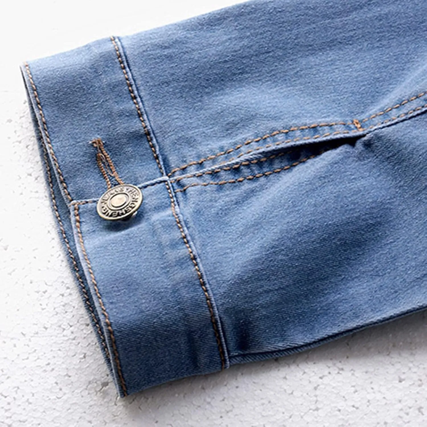 LifeShe Women Cropped Denim Jacket Button Down Collarless 3/4 Sleeve Jean Jacket With Pockets