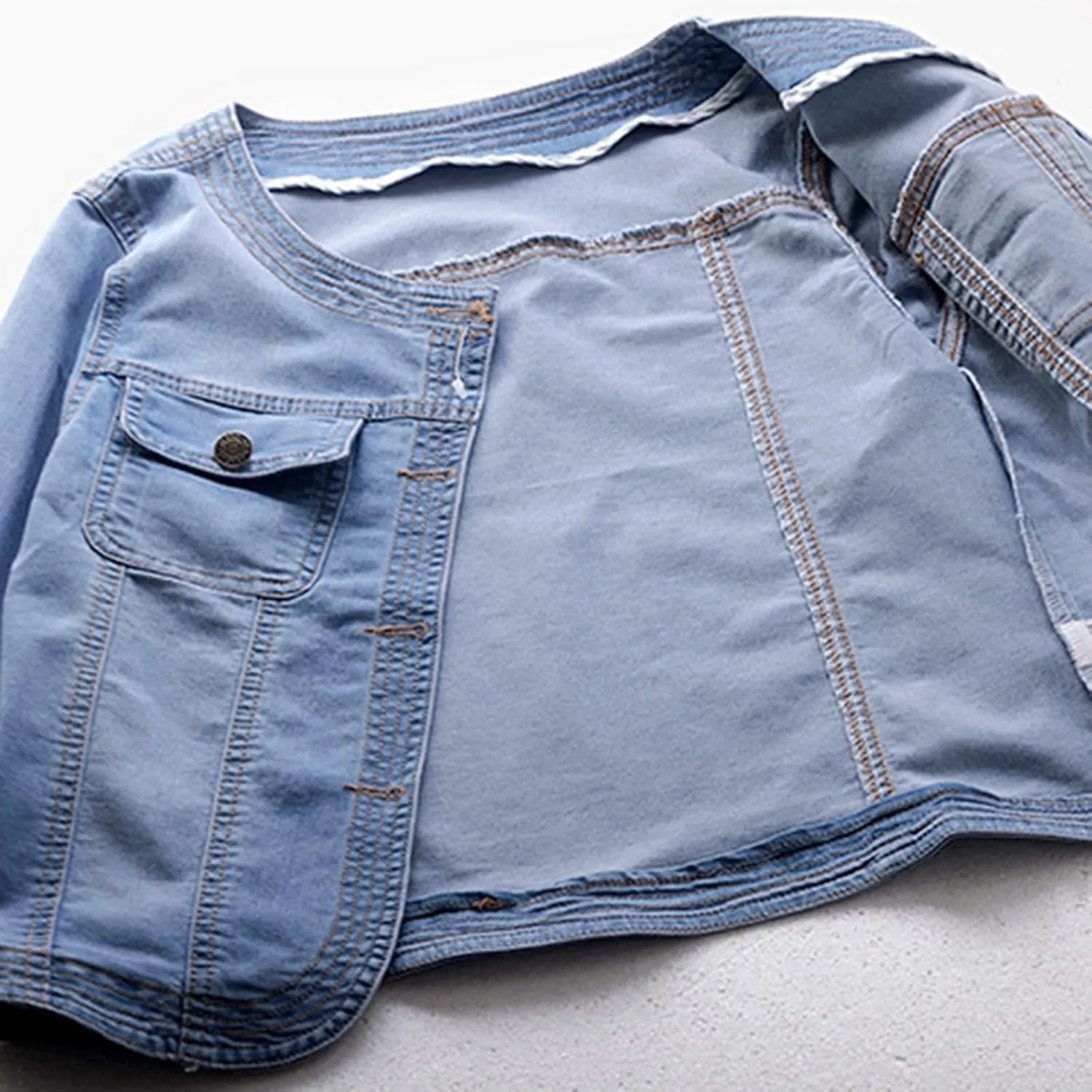 LifeShe Women Cropped Denim Jacket Button Down Collarless 3/4 Sleeve Jean Jacket With Pockets