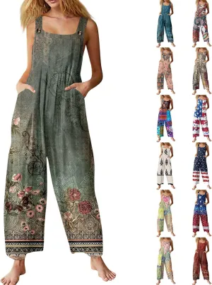Linen Jumpsuits For Women Summer Sleeveless Adjustable Straps Rompers Trendy Wide Leg Bib Overalls with Pockets