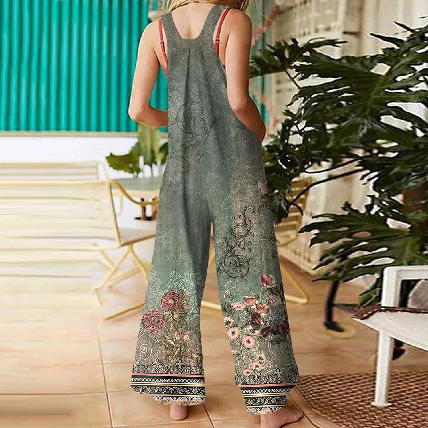 Linen Jumpsuits For Women Summer Sleeveless Adjustable Straps Rompers Trendy Wide Leg Bib Overalls with Pockets