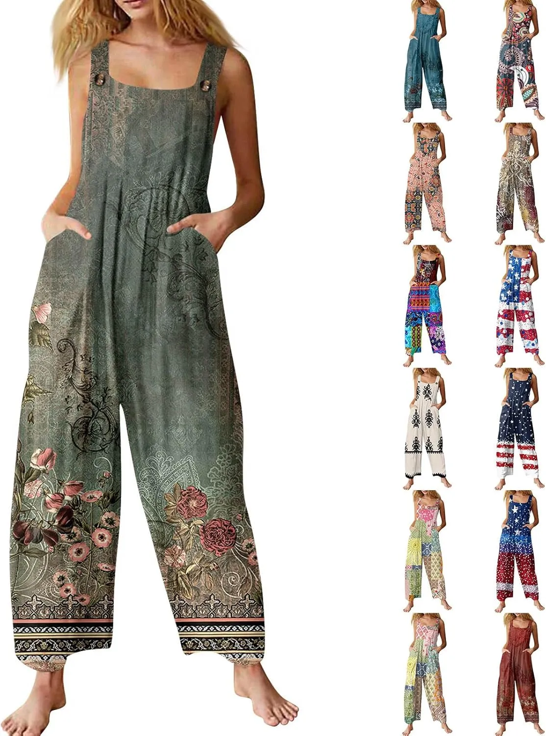 Linen Jumpsuits For Women Summer Sleeveless Adjustable Straps Rompers Trendy Wide Leg Bib Overalls with Pockets