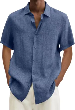 Linen Shirts for Men Short Sleeve Button Down Summer Casual Beach Top Lightweight Loose Sun Protection Fishing Shirt