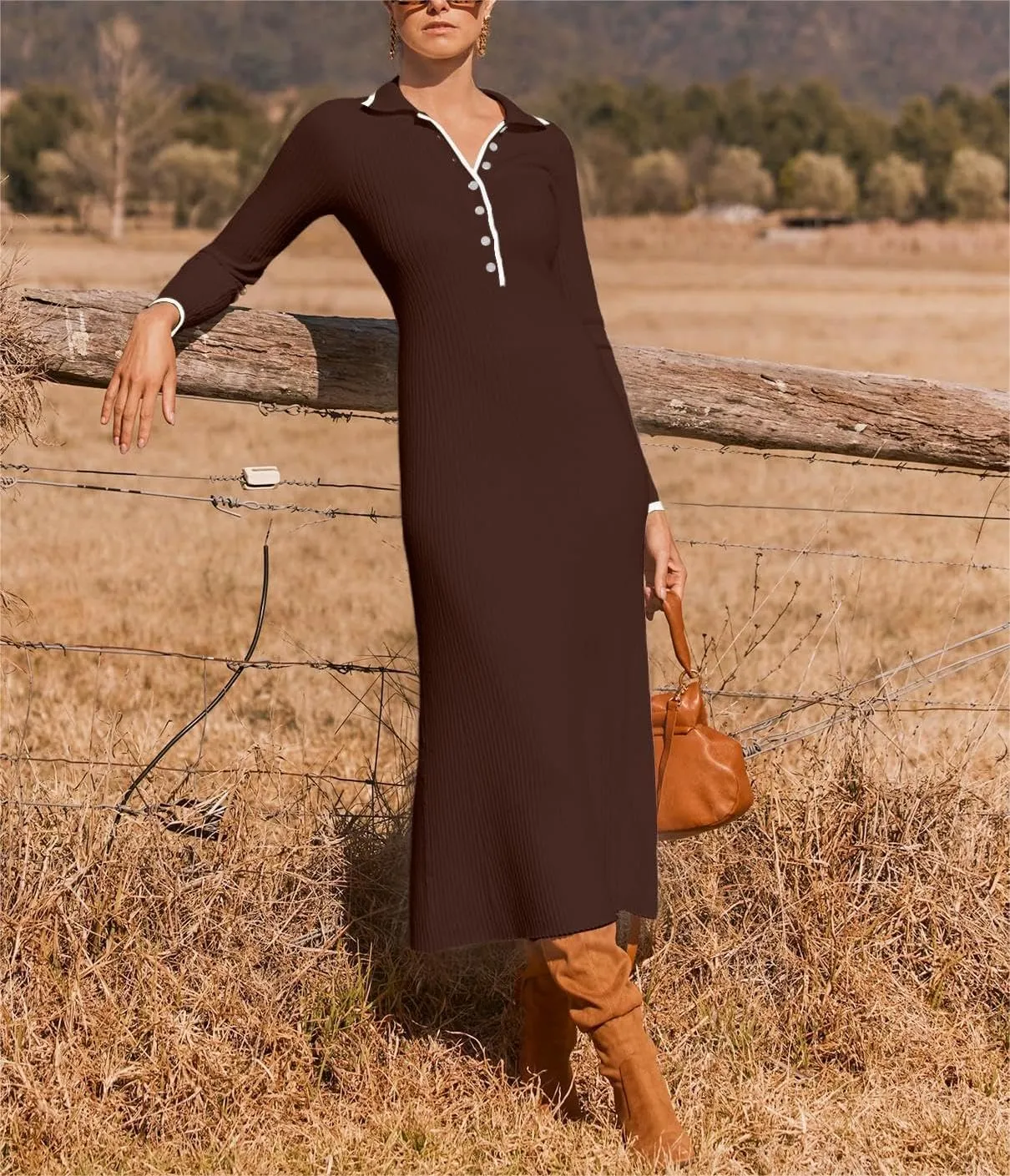 loveimgs Women's V Neck Button Sweater Dress Button Long Sleeve Ribbed Knit Slim Fit Bodycon Midi Dress
