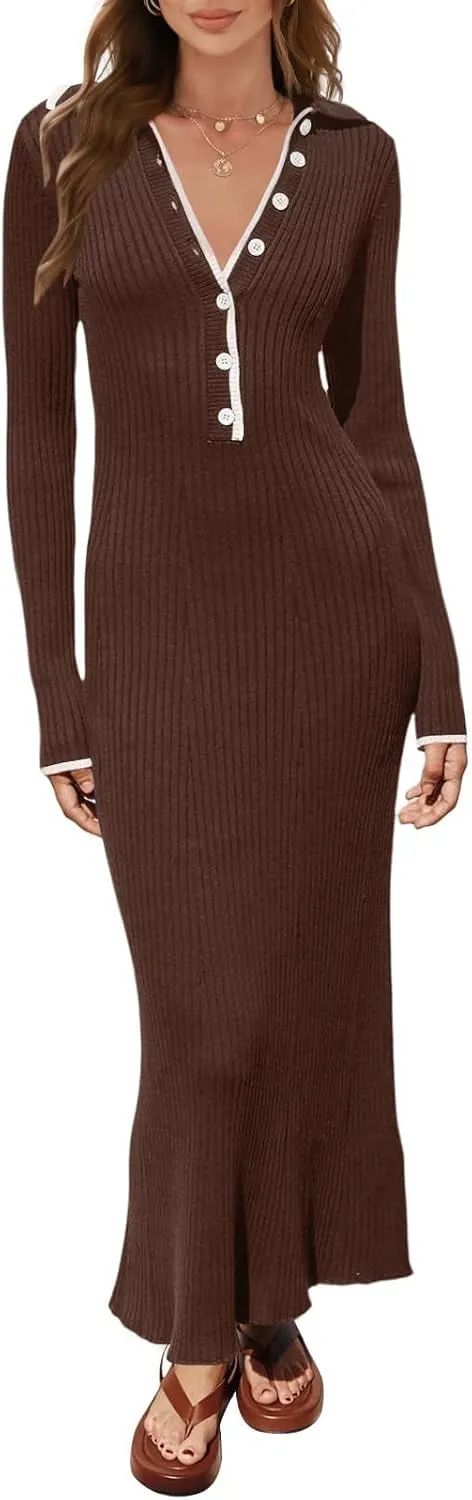 loveimgs Women's V Neck Button Sweater Dress Button Long Sleeve Ribbed Knit Slim Fit Bodycon Midi Dress