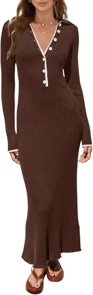 loveimgs Women's V Neck Button Sweater Dress Button Long Sleeve Ribbed Knit Slim Fit Bodycon Midi Dress