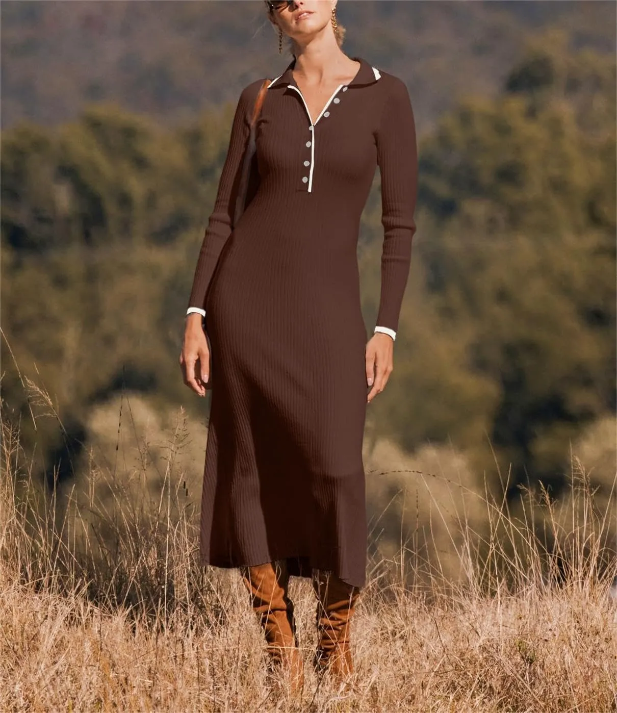 loveimgs Women's V Neck Button Sweater Dress Button Long Sleeve Ribbed Knit Slim Fit Bodycon Midi Dress