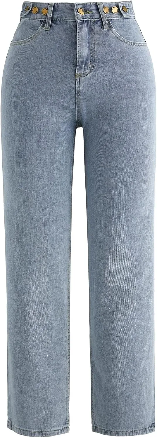 LQI Women's High Waist Baggy Boyfriend Jeans Distressed Wide Leg Denim Pants