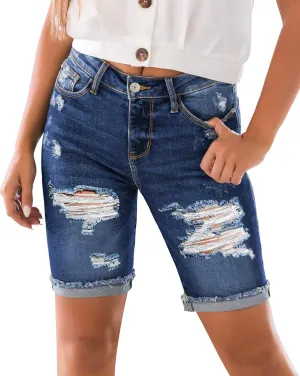 luvamia Women High Waisted Stretch Bermuda Shorts Ripped Rolled Hem Jean Shorts