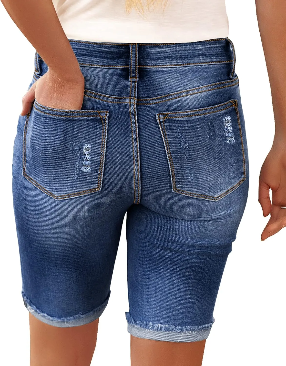 luvamia Women High Waisted Stretch Bermuda Shorts Ripped Rolled Hem Jean Shorts
