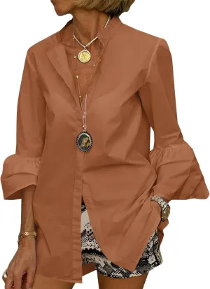 LYANER Women's Flare Long Sleeve Stand Collar Button Down Blouse Shirt Top