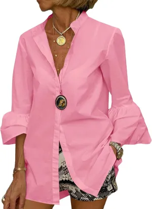 LYANER Women's Flare Long Sleeve Stand Collar Button Down Blouse Shirt Top