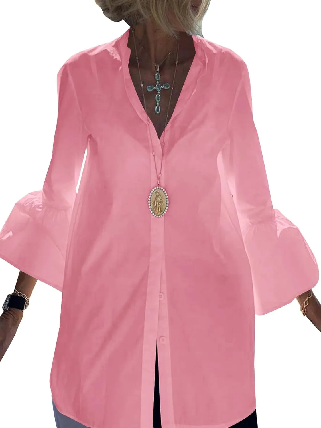 LYANER Women's Flare Long Sleeve Stand Collar Button Down Blouse Shirt Top